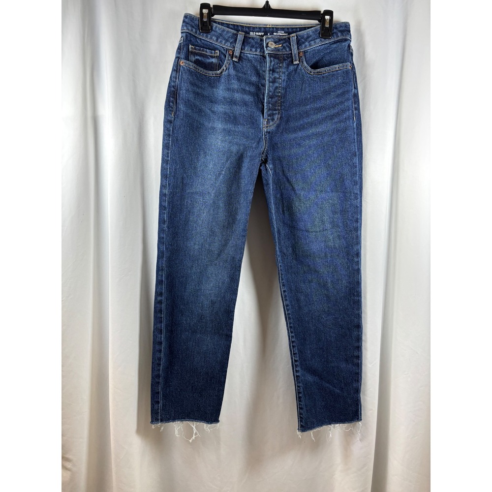 Old Navy Womens 8 OG Straight High Rise Button Fly Raw Hem Dark Wash Jeans